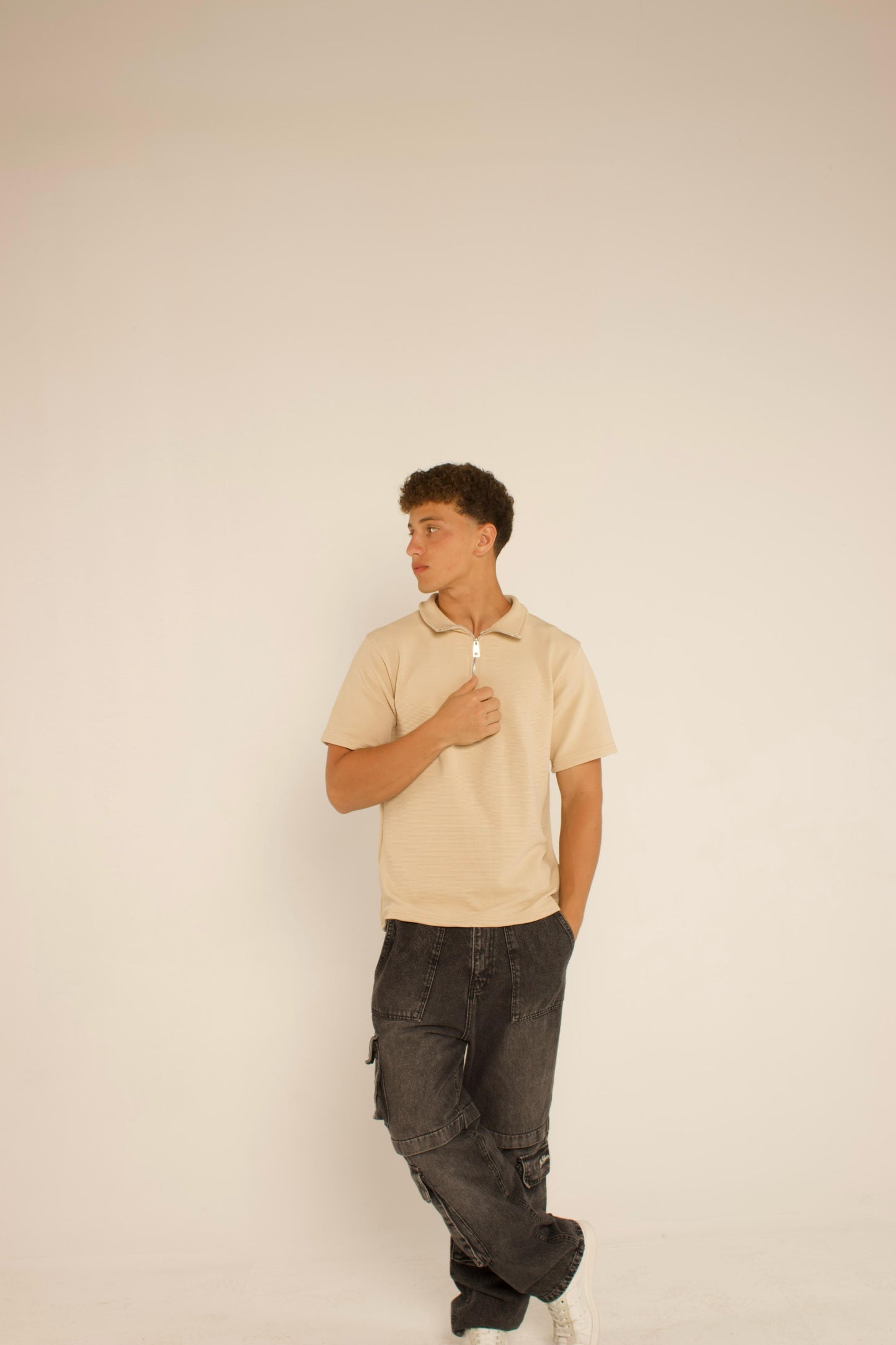 Quarter Zip Polo Shirt - Beige