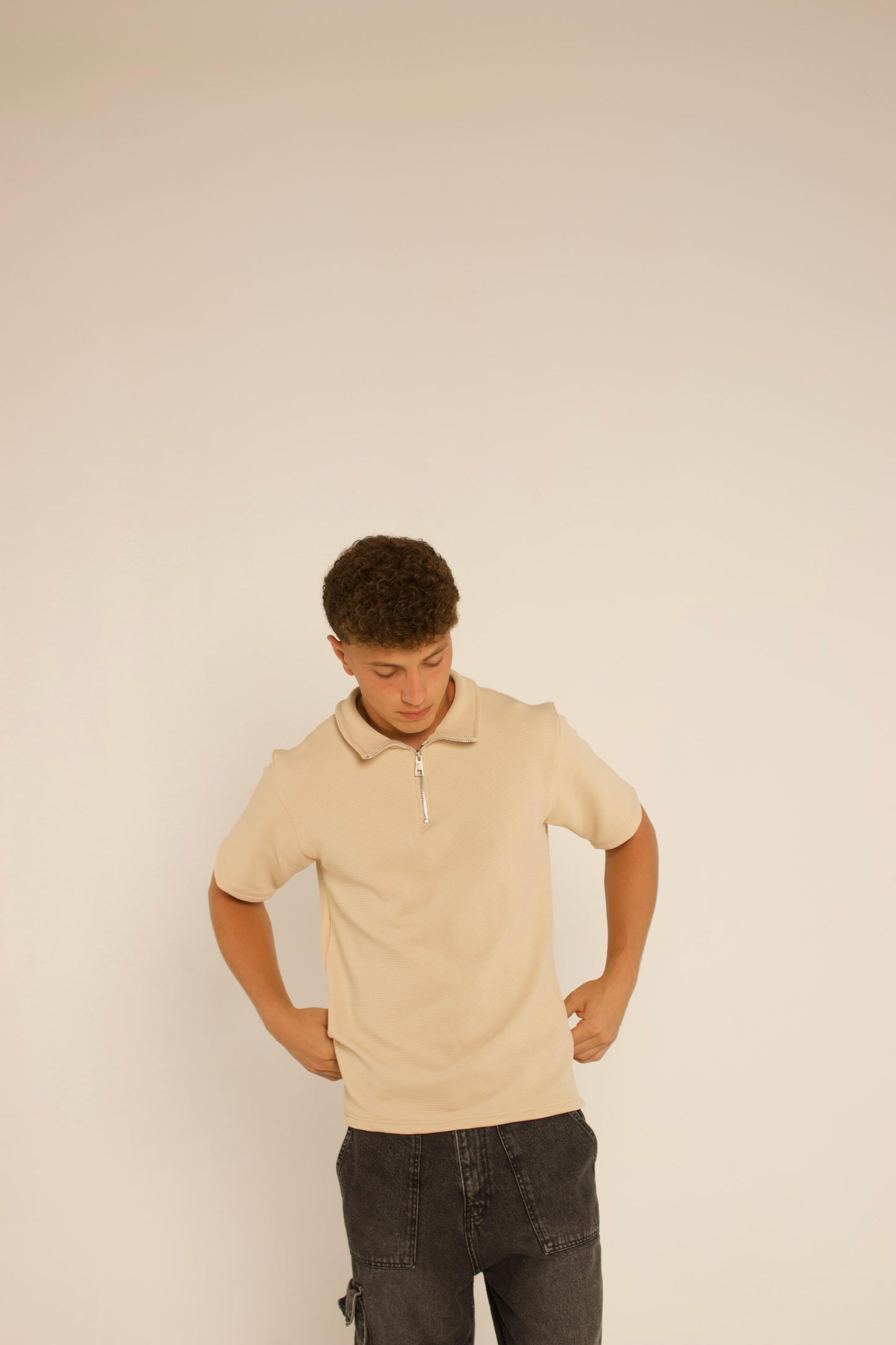 Quarter Zip Polo Shirt - Beige